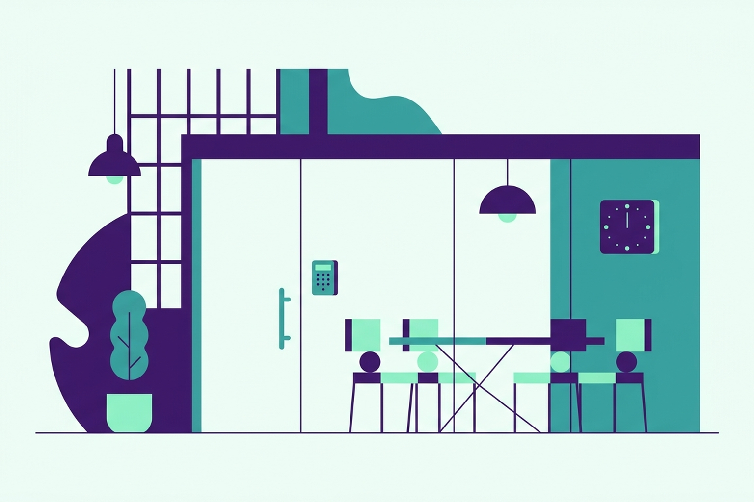Sala konferencyjna w coworkingu z klawiaturą przy drzwiach