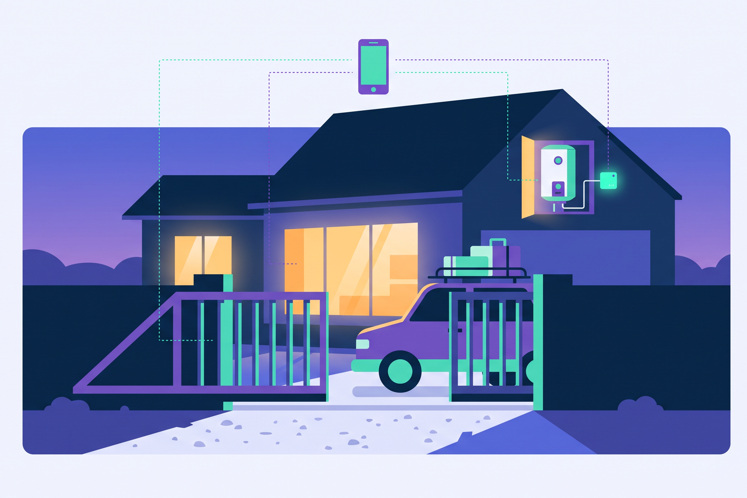 Casa vacanze di sera con il cancello aperto, le luci accese e lo scaldabagno