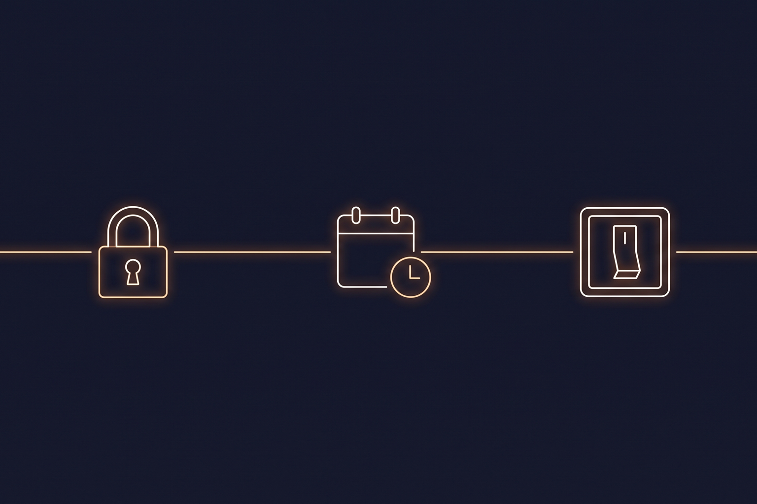 Padlock, calendar and switch icons joined by a line on a dark background