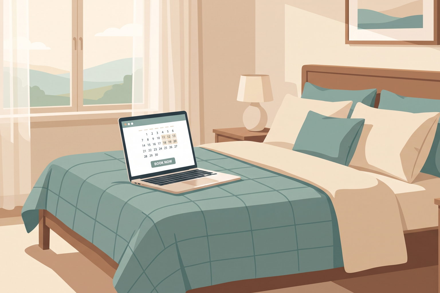 Bedroom with a laptop open on the booking calendar