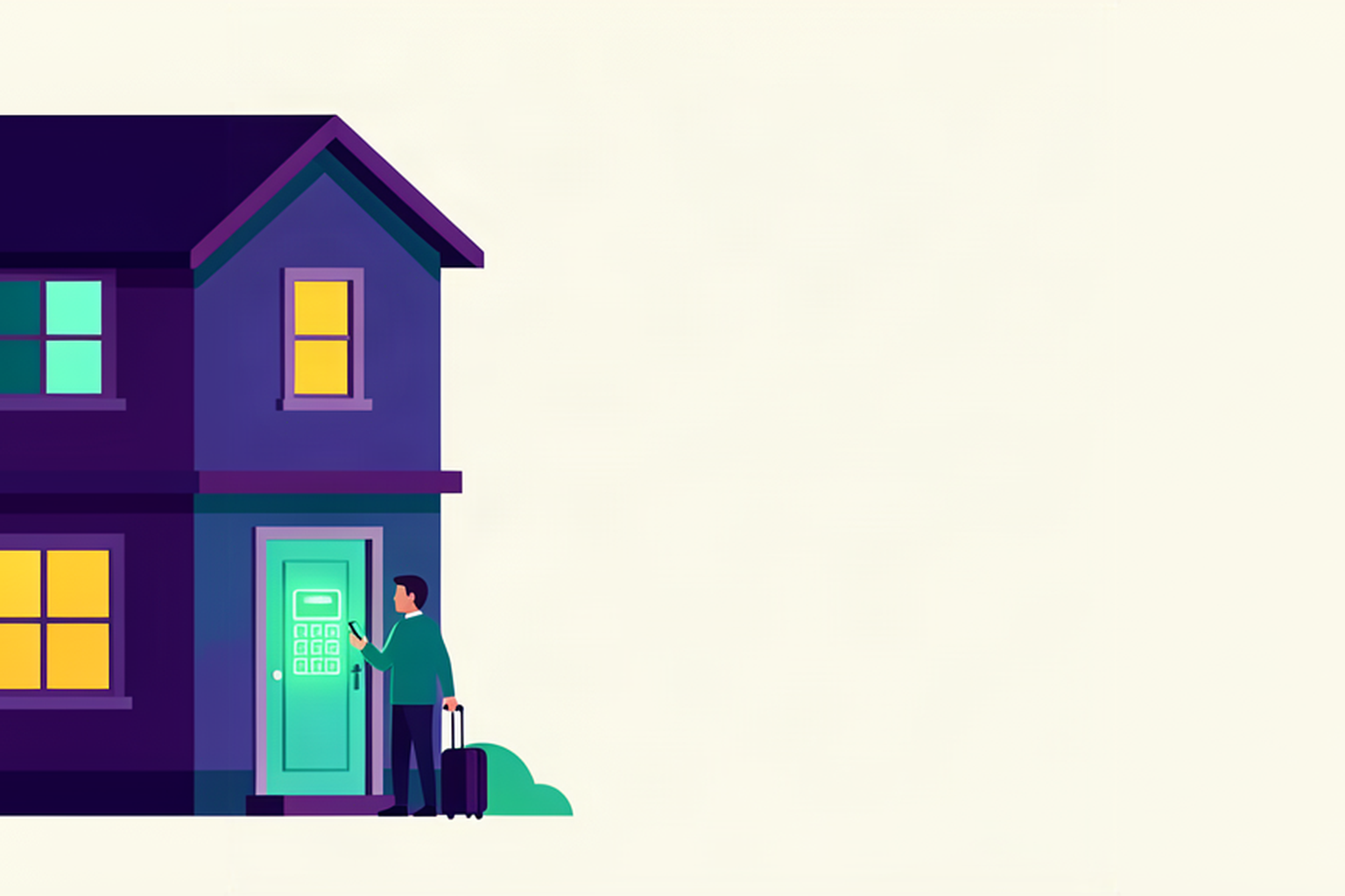 Guest with a suitcase at the door of a lit house in the evening