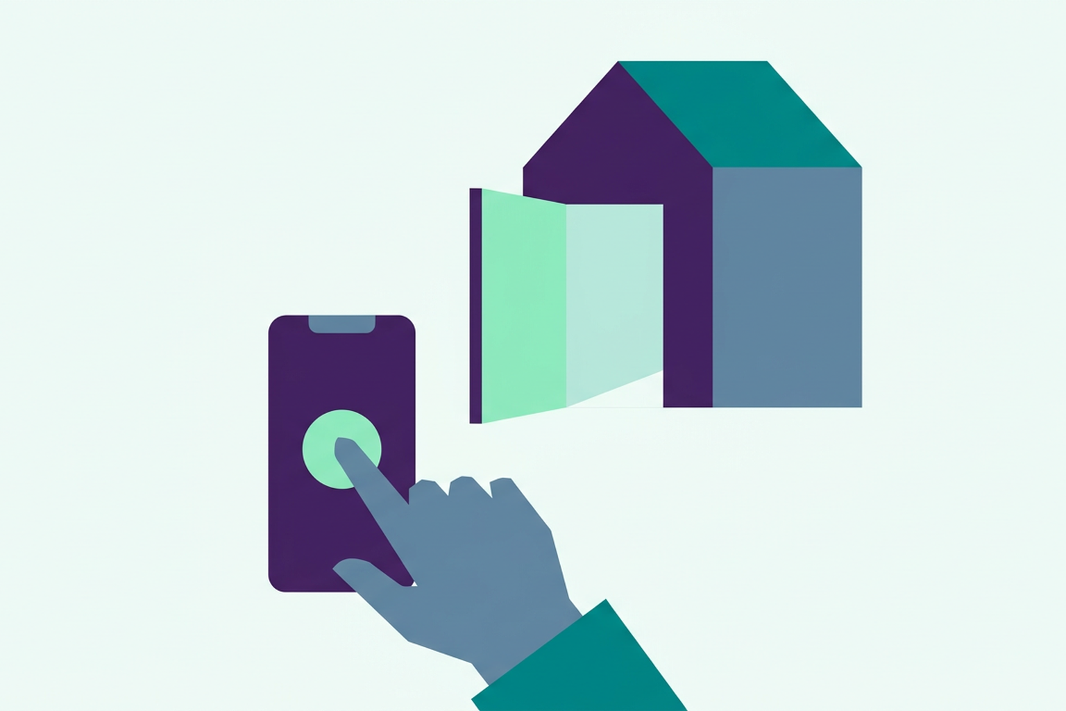 Finger pressing a button on a phone while the front door opens