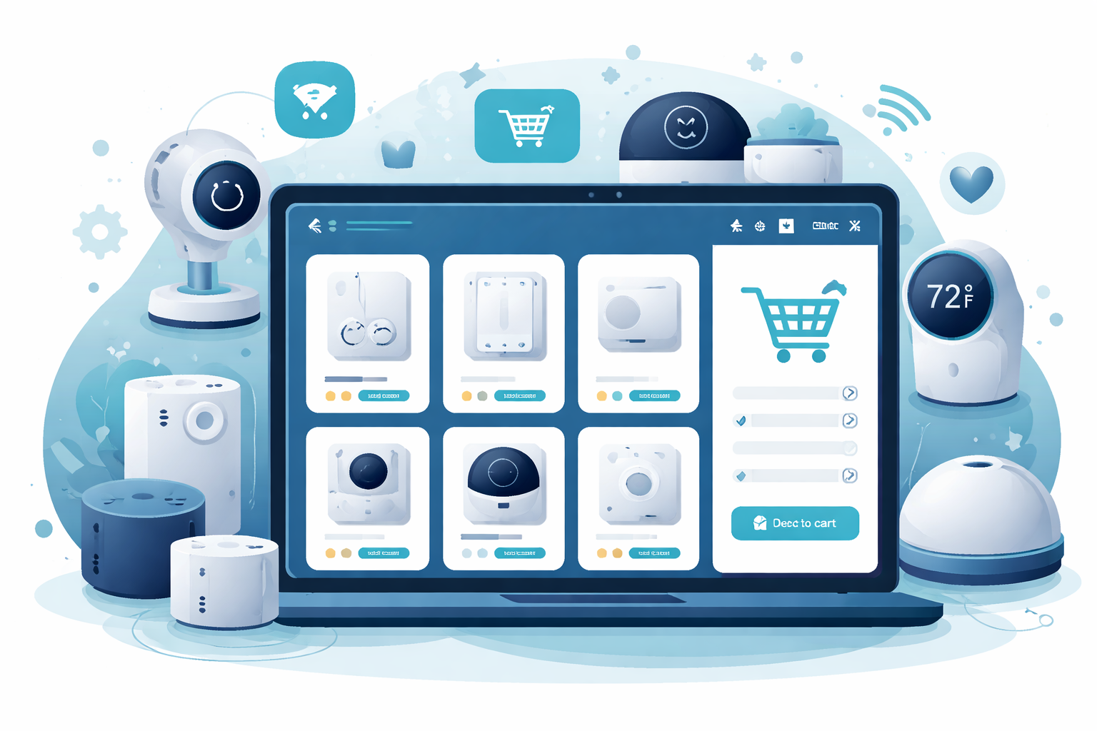 Laptop showing the smart device catalogue and a shopping cart, surrounded by cameras and sensors