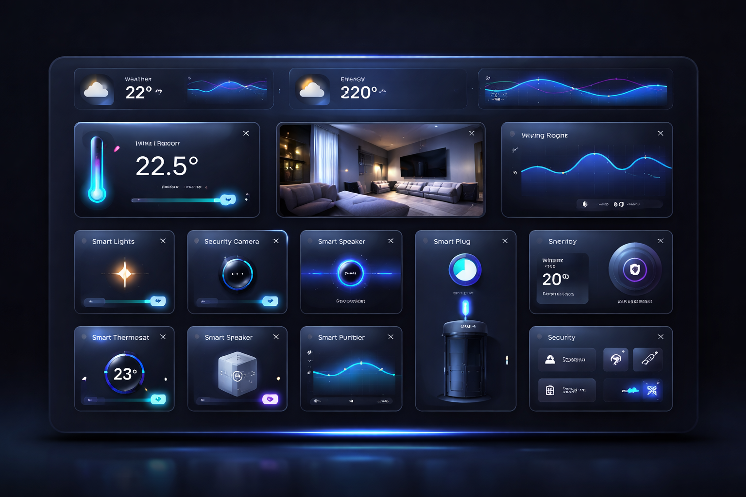 Control dashboard screen with temperature, lights and home devices