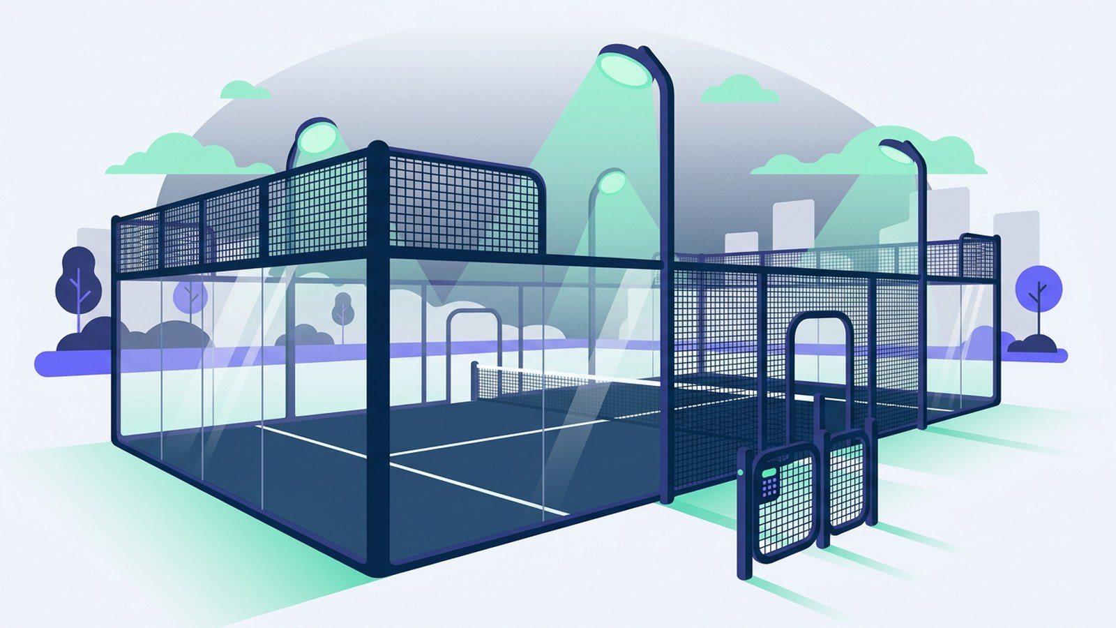 A padel court in the evening with floodlights coming on and a keypad gate