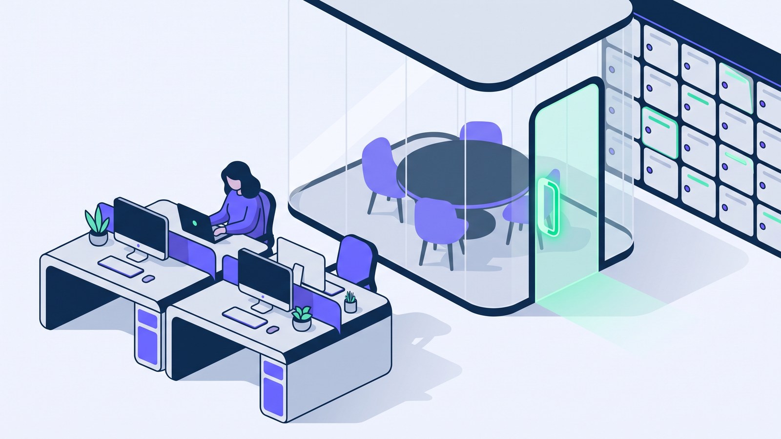 Uno spazio di coworking con scrivanie, una sala riunioni vetrata e una parete di armadietti