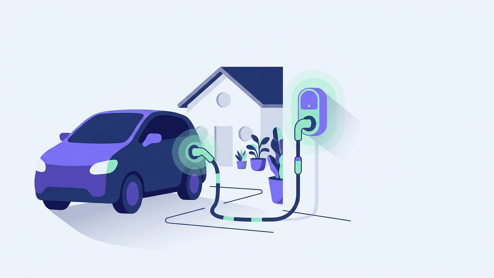 Une voiture électrique branchée sur une prise de recharge dans la cour d'une maison