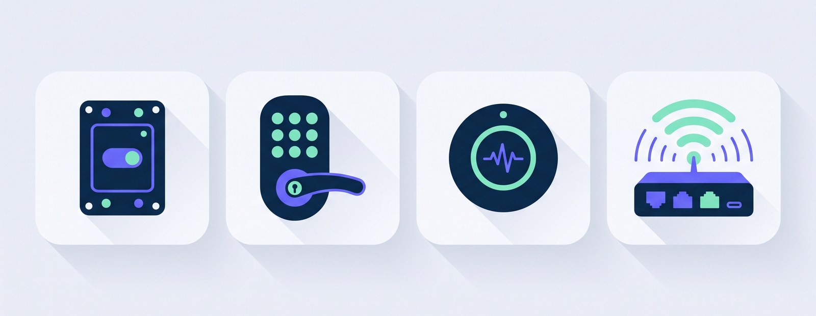 Four tiles in a row: a relay, a keypad lock, a sensor and a hub