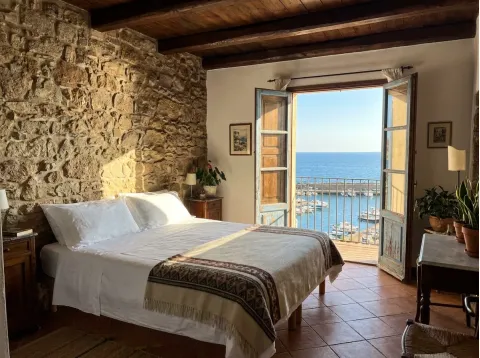 Camera Corbezzolo: letto matrimoniale, muro in pietra e portafinestra aperta sul balcone, con vista sul mare e sul porto