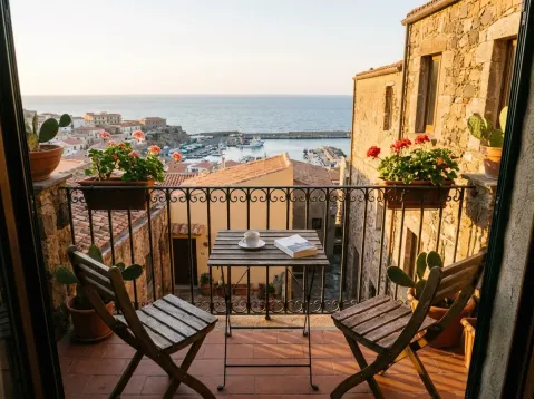 Balcone con un tavolino e due sedie, affacciato sui tetti di Castelsardo, sul porto e sul mare