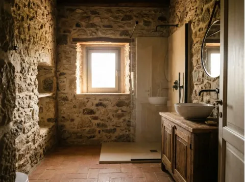 Bagno con muri in pietra, doccia a filo pavimento e lavabo su un mobile di legno