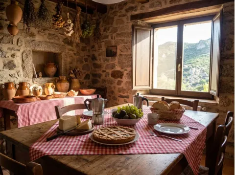 Sala della colazione con muri in pietra e una tavola apparecchiata con formaggio, crostata, frutta, pane e moka