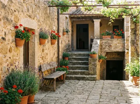 Cortile interno in pietra con una scala, una panca di legno e vasi di gerani e lavanda