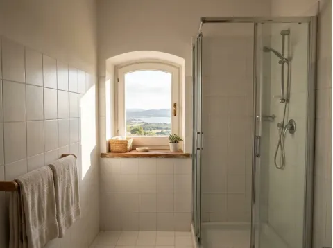 Bagno della Camera Lentisco con box doccia e finestra ad arco sulla campagna e sul mare