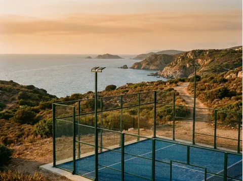Campo da padel con pareti in vetro e rete metallica su un pendio affacciato sul mare