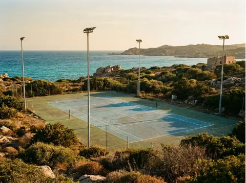 Campo da tennis con i pali dei fari, circondato dalla macchia mediterranea, con il mare alle spalle